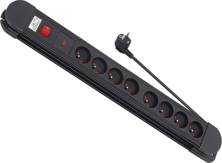 Surge-protected power strip, 8 outlets, 1.5 m with switch, wall-mountable