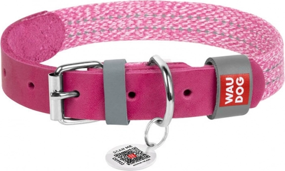 Collare per cani rosa WAU DOG Classic L in pelle e cotone riciclato