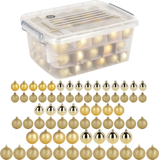 Nerozbitné zlaté vianočné gule v boxe 4 / 5 / 6 cm, 70 ks