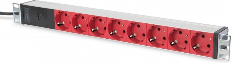 DIGITUS 19″ Rack Power Strip, 8× Red Schuko Sockets, C14 Inlet, 2 m Cable, 10 A, Aluminum