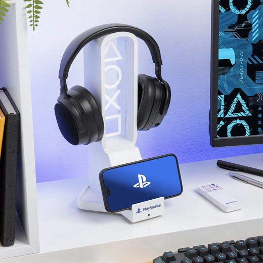 Supporto LED PlayStation per cuffie e telefono con ricarica USB‑C