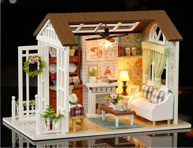 Wooden Dollhouse - Living Room Model with LED