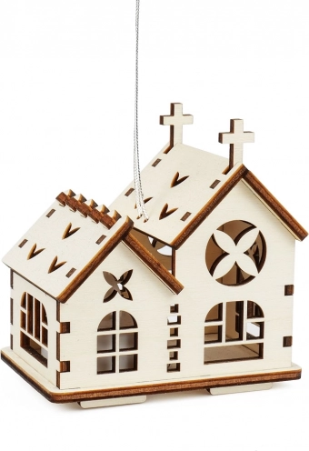 Wooden double church with hanging loop and LED candle