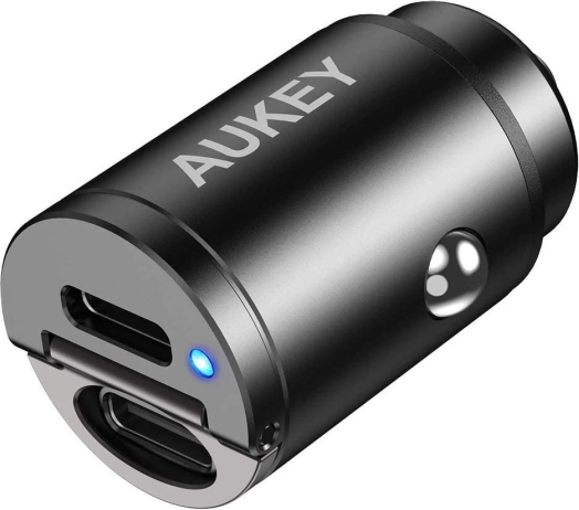 AUKEY mini aluminum car charger 2× USB‑C with Power Delivery and Quick Charge 3.0, 30 W, PPS