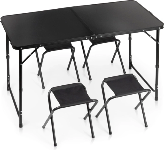 Tavolo turistico pieghevole Vilde con 4 sgabelli, nero, 120 × 60 cm