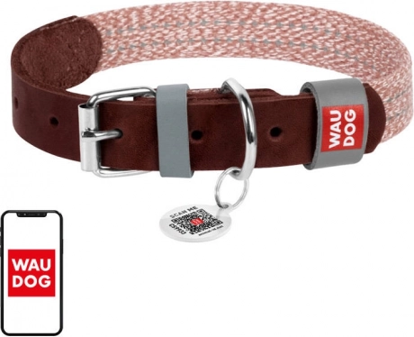 Leather collar made of natural leather and recycled cotton with a Waudog QR code for medium dogs – Brown