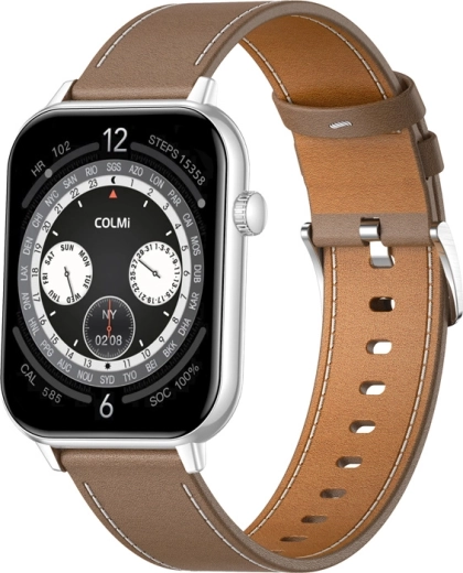 Smartwatch COLMI C28 argento con cinturino in pelle marrone