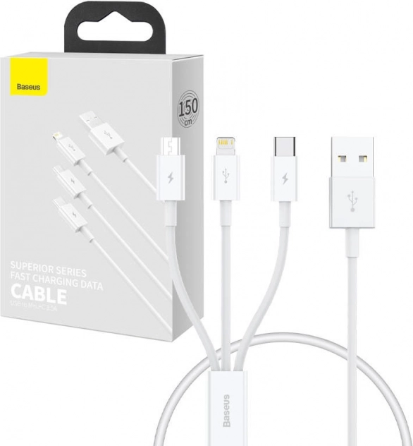 Baseus Superior wieloportowy kabel do ładowania i danych USB na Lightning/USB‑C/Micro USB 0,5 m biały