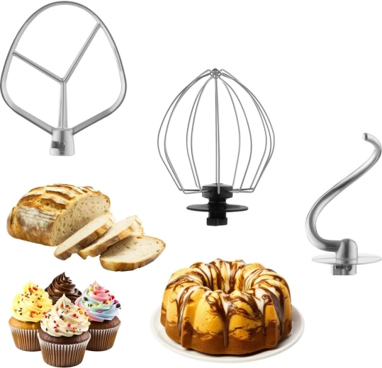 Three attachments for mixing, whipping, and kneading