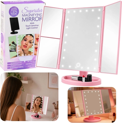Specchio cosmetico pieghevole rosa con illuminazione LED, comandi touch e ingrandimento