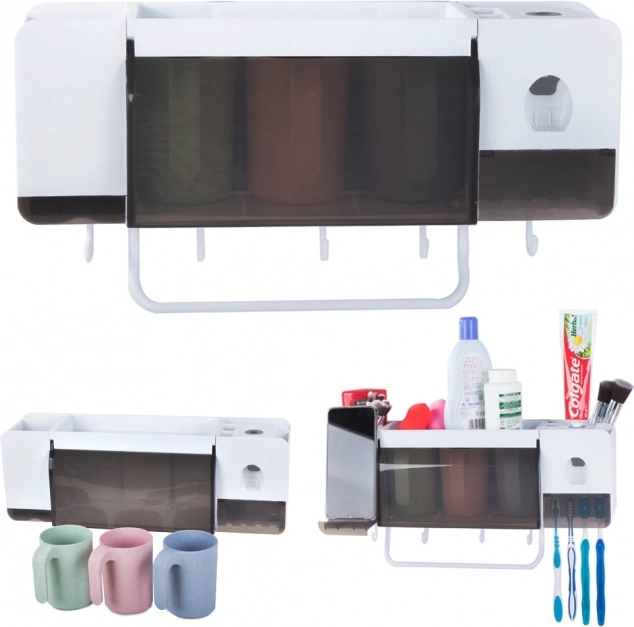 Wall-mounted toothbrush organizer with toothpaste dispenser and 3 cups, white