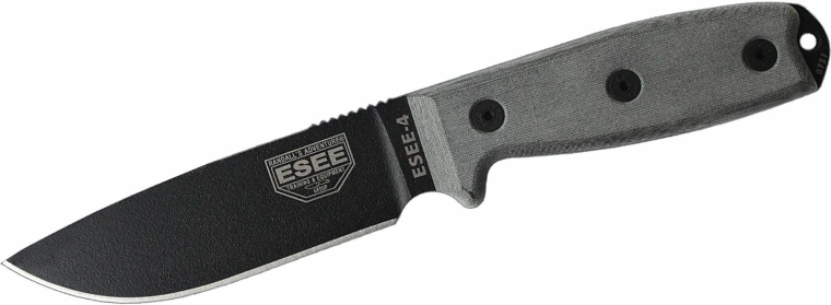 ESEE 4P Universalmesser mit glatter Schneide, grauem G10-Griff, Kydex-Scheide Coyote Brown