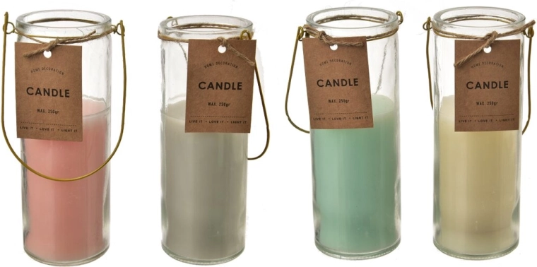 Bougie décorative en verre avec élément métallique 6 × 6 × 17 cm (assortiment de 4 variantes)