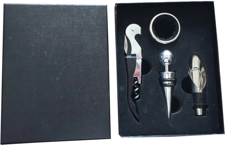 Darčeková sada na víno 4-dielna – vývrtka, uzáver, krúžok a nálevka