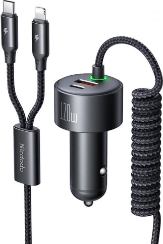 Macdodo 120W Car Charger with USB‑C and Lightning, retractable cables
