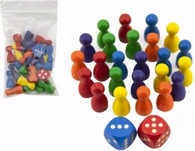 Replacement wooden pawns 25 mm and 2 dice for board games