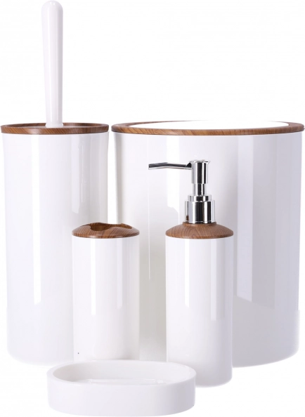 BERRETTI 5-piece bathroom accessories set, white with wooden accents