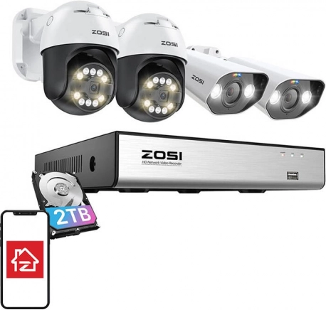 ZOSI IP Camera Set 2× C296 Wi‑Fi 5MP and 2× C182 Wi‑Fi 8MP with 8‑Channel NVR and 2TB HDD