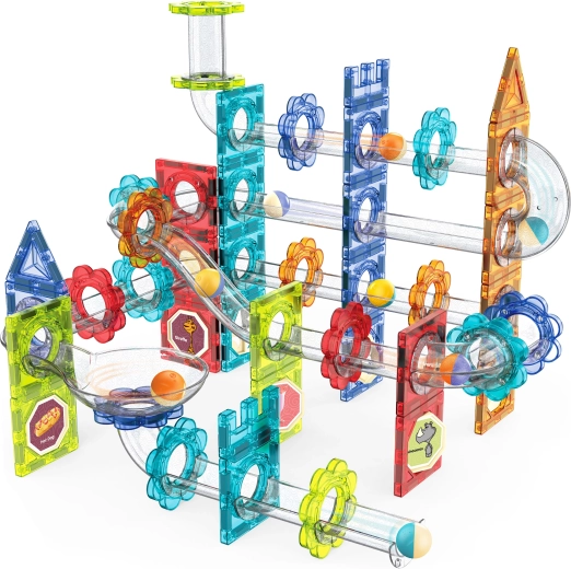Transparent marble run that teaches physics through play