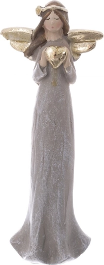 Englefigur med hjerte i polyresin grå/guld 15 cm