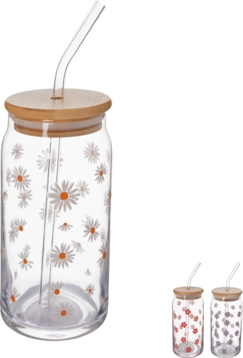 Verre avec couvercle en bambou et paille en verre 0,5 l (mix)