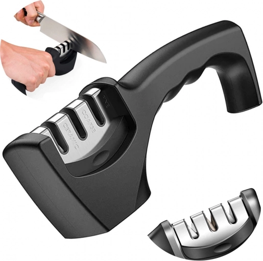Three-phase sharpener for kitchen knives