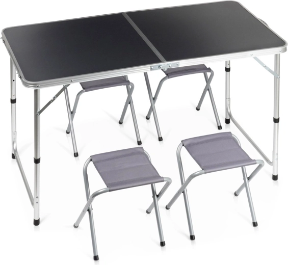 Tavolo da campeggio pieghevole Vilde con 4 sgabelli, grafite, altezza regolabile 120 × 60 cm