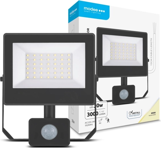 LED Floodlight with Sensor 30 W, Neutral White 4000 K, 3000 lm – Modee A3-series