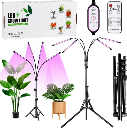 Lampe LED de culture pour plantes avec trépied, 4 panneaux et télécommande