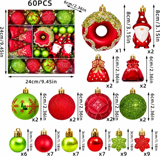 Onbreekbare kerstboomversieringen, set van 60 stuks