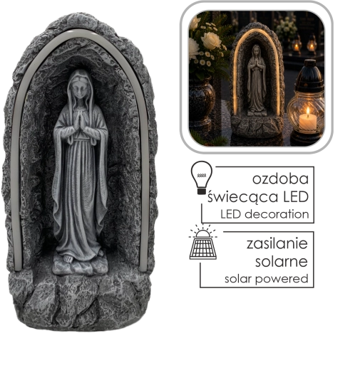 Solfigur af Jomfru Maria i kapel med LED