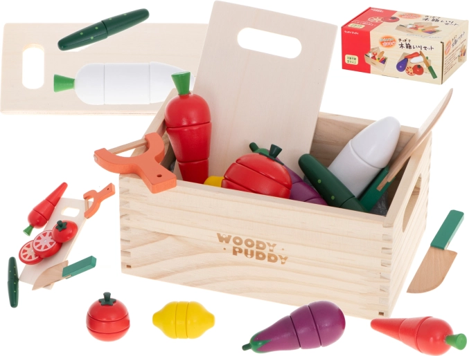 wooden magnetic vegetables for cutting in a crate with accessories
