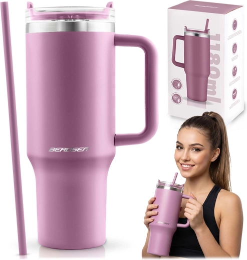 Berdsen roze vacuüm thermobeker met rietje 1180 ml