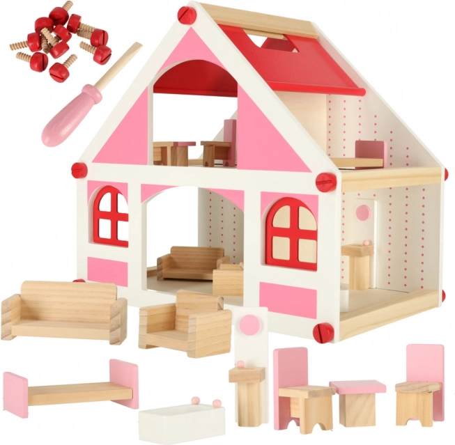 Wooden pink dollhouse with furniture 36 cm