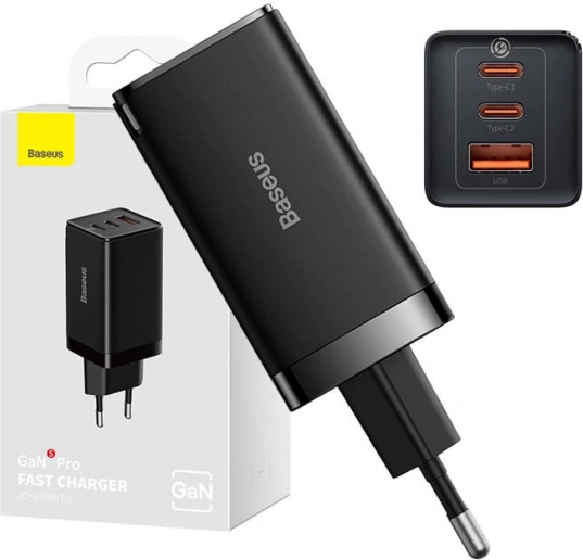 Baseus GaN5 Pro 65 W Wall Charger, 2× USB‑C + USB (Black)