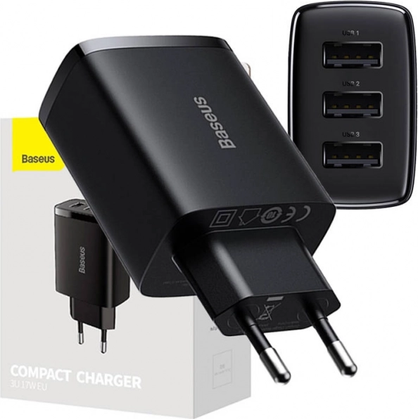 BASEUS 17 W Wall Fast Charger, 3× USB, Black