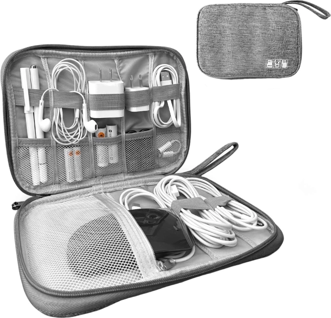 Organizer da viaggio per cavi e caricabatterie, grigio