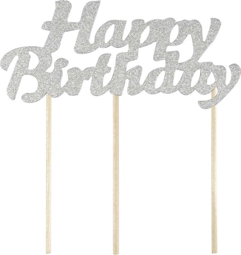 Decorazione per torta Happy Birthday argento