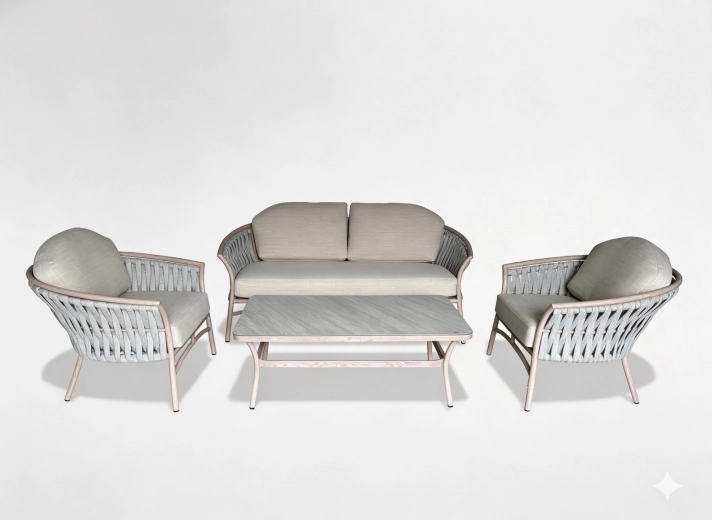Salon de jardin en aluminium Valletta beige avec coussins gris