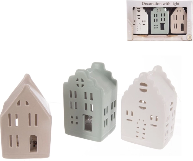 Porseleinen LED-huisjes, set van 3 stuks