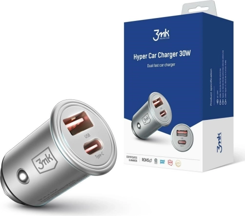 30W car charger with USB‑C and USB‑A, supports PD and QC