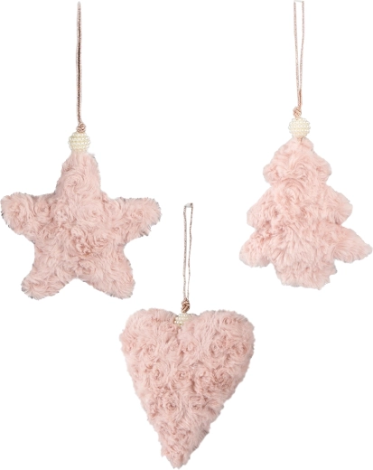 Decorative hanging ornaments – plush pink decorations, mix of 3 shapes