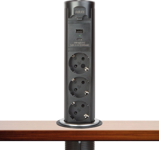 Multipresa da incasso motorizzata Touchcontrol a scomparsa, 3 prese, USB-A e USB-C, nera
