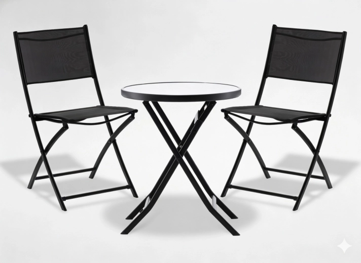 Ensemble bistro de balcon – table ronde pliante et 2 chaises pliantes, métal noir et verre