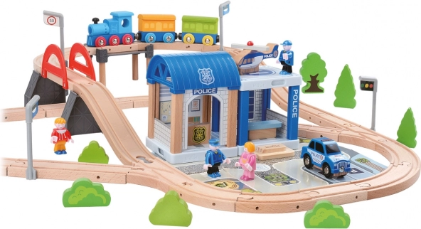Wooden Train Set with Police Station and Bridge