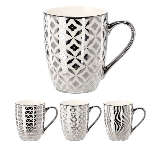 Porcelain mug 340 ml in silver-white with geometric patterns