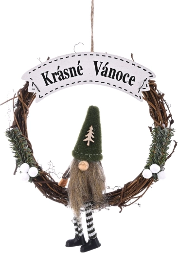 Træjulekrans med nisse og teksten "Glædelig jul"