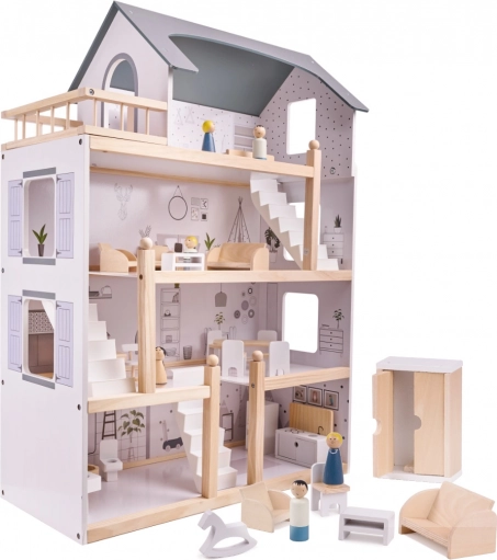 Light wooden dollhouse with furniture - 80 cm