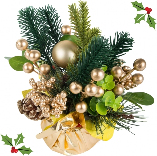 Christmas table decoration with gold ornaments 20 cm