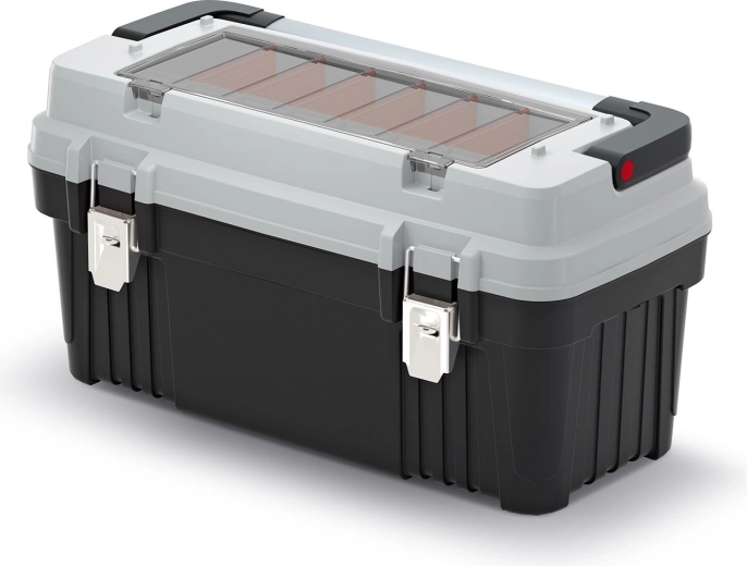 Mallette à outils OPTIMA avec poignée et verrous métalliques, cloisons, 586 × 296 × 305 mm, gris